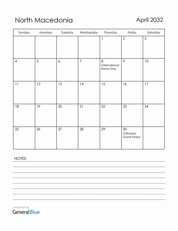 April 2032 North Macedonia Calendar with Holidays (Sunday Start)