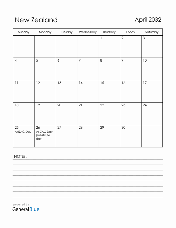 April 2032 New Zealand Calendar with Holidays (Sunday Start)