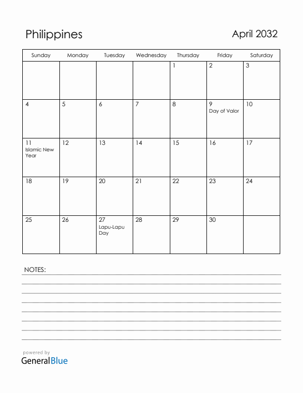 April 2032 Philippines Calendar with Holidays (Sunday Start)