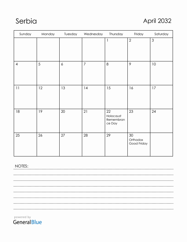 April 2032 Serbia Calendar with Holidays (Sunday Start)