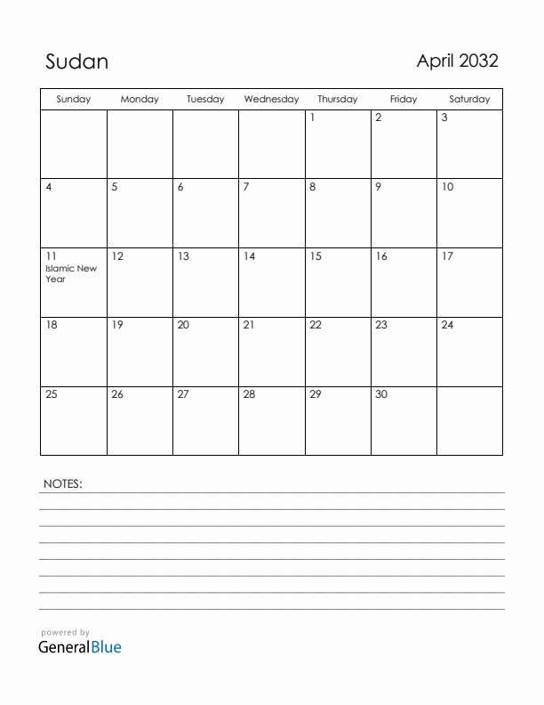 April 2032 Sudan Calendar with Holidays (Sunday Start)