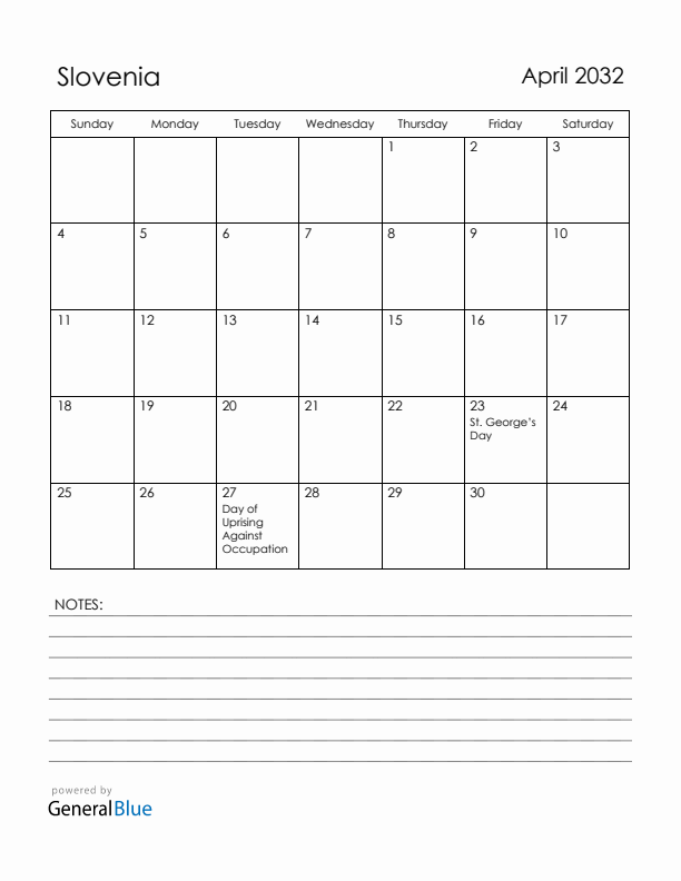 April 2032 Slovenia Calendar with Holidays (Sunday Start)