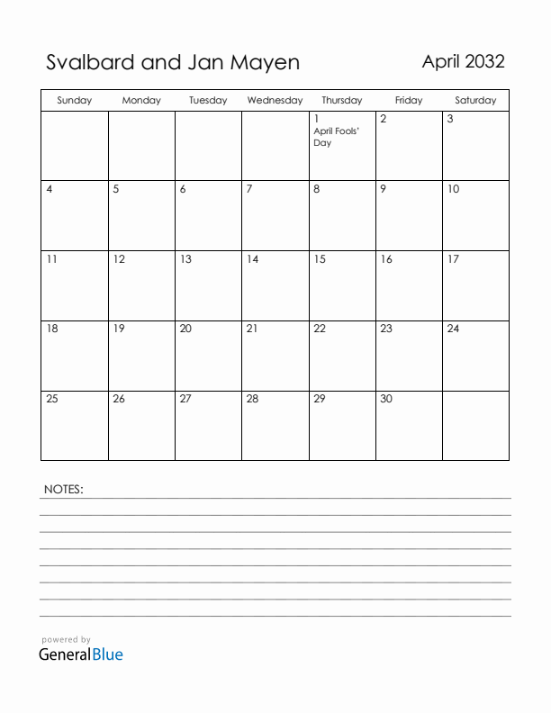 April 2032 Svalbard and Jan Mayen Calendar with Holidays (Sunday Start)