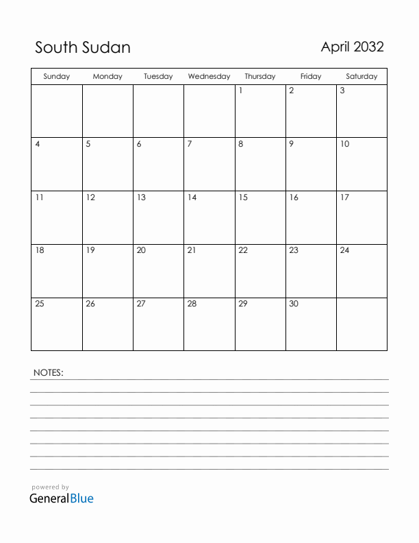 April 2032 South Sudan Calendar with Holidays (Sunday Start)