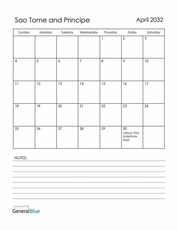April 2032 Sao Tome and Principe Calendar with Holidays (Sunday Start)