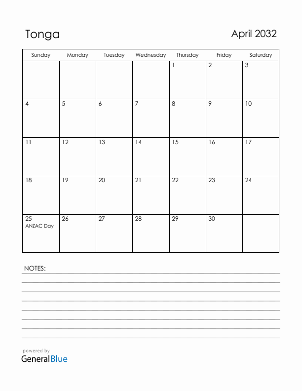 April 2032 Tonga Calendar with Holidays (Sunday Start)
