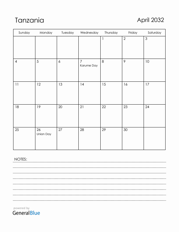 April 2032 Tanzania Calendar with Holidays (Sunday Start)