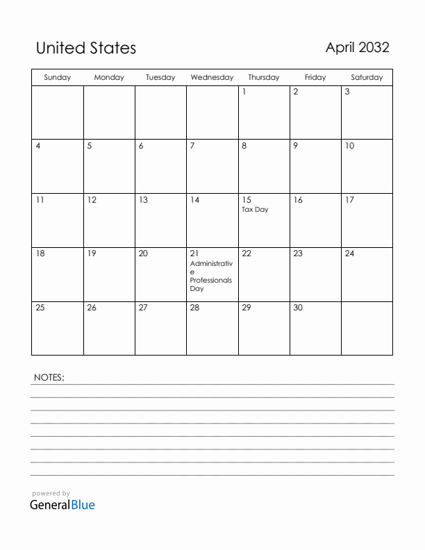 April 2032 United States Calendar with Holidays (Sunday Start)