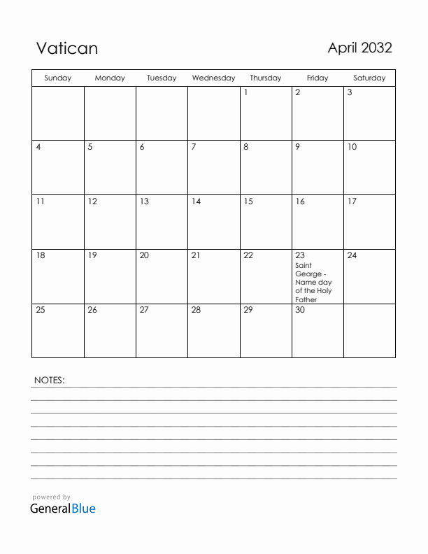 April 2032 Vatican Calendar with Holidays (Sunday Start)