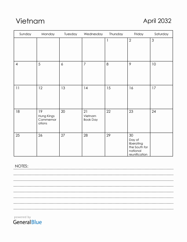April 2032 Vietnam Calendar with Holidays (Sunday Start)