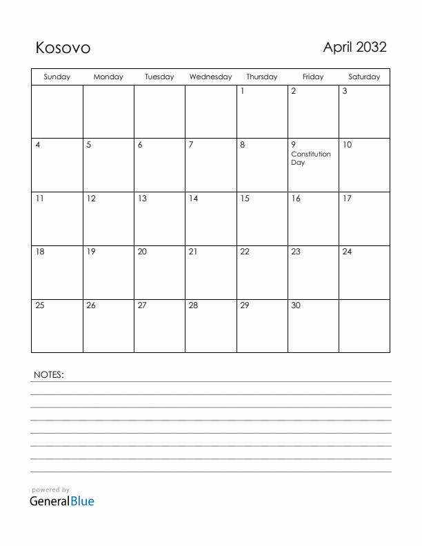 April 2032 Kosovo Calendar with Holidays (Sunday Start)