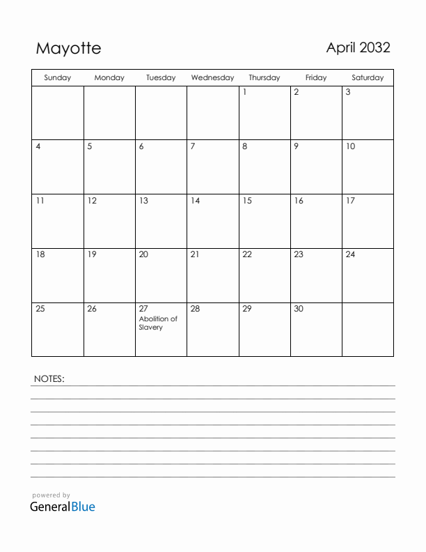 April 2032 Mayotte Calendar with Holidays (Sunday Start)