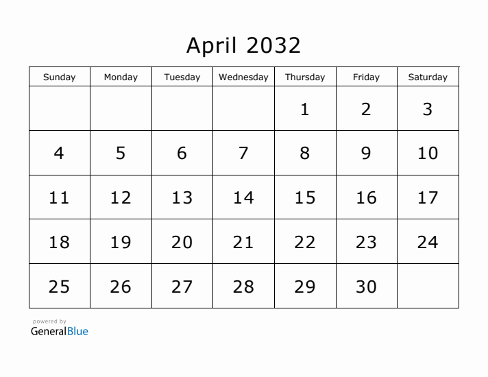 Printable April 2032 Calendar - Sunday Start