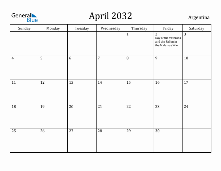 April 2032 Calendar Argentina