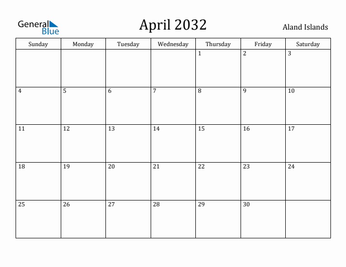 April 2032 Calendar Aland Islands