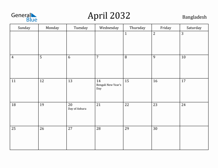 April 2032 Calendar Bangladesh