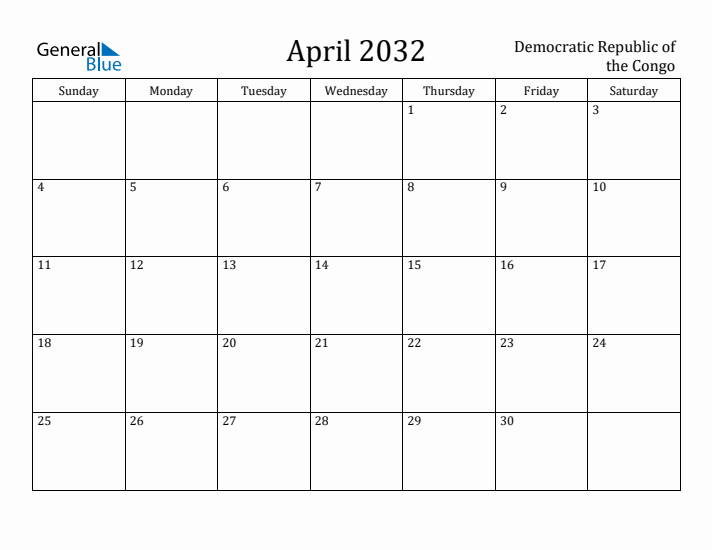 April 2032 Calendar Democratic Republic of the Congo