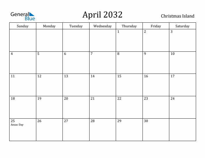 April 2032 Calendar Christmas Island
