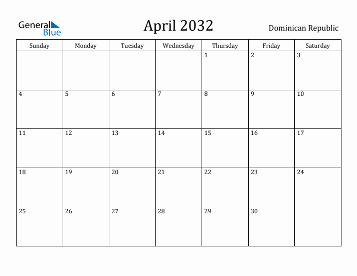 April 2032 Calendar Dominican Republic