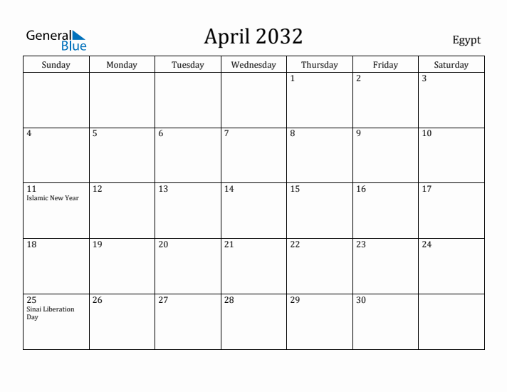 April 2032 Calendar Egypt
