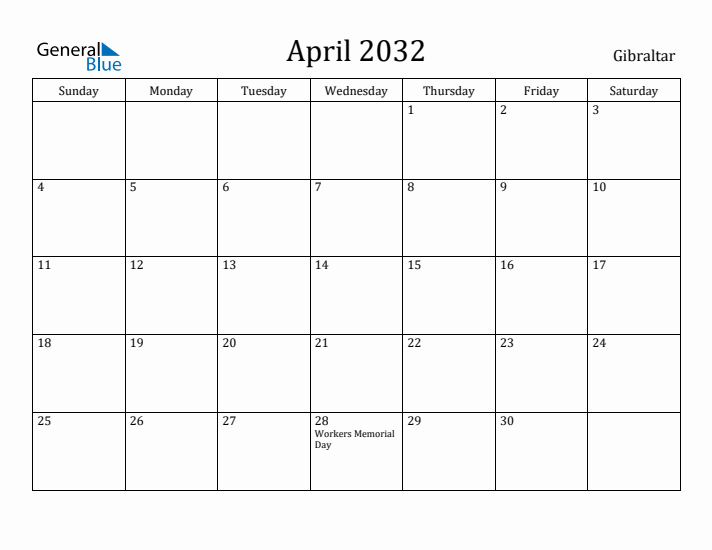 April 2032 Calendar Gibraltar