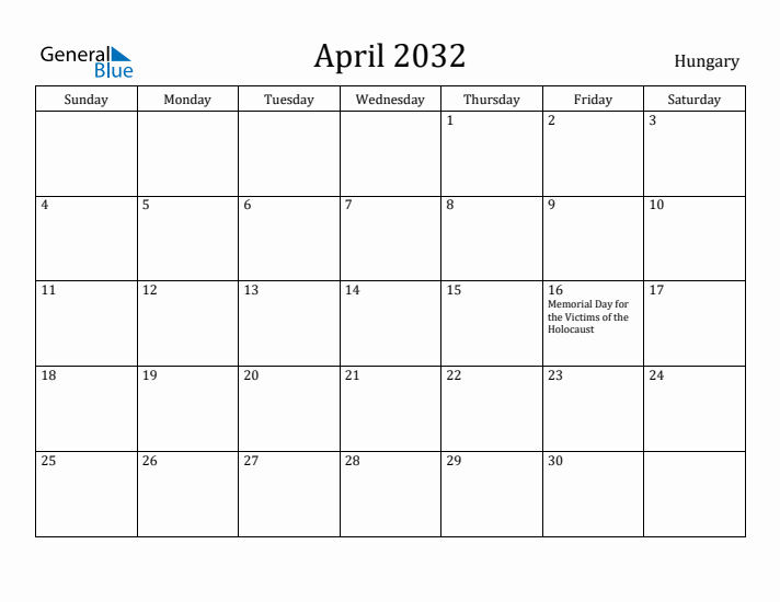 April 2032 Calendar Hungary