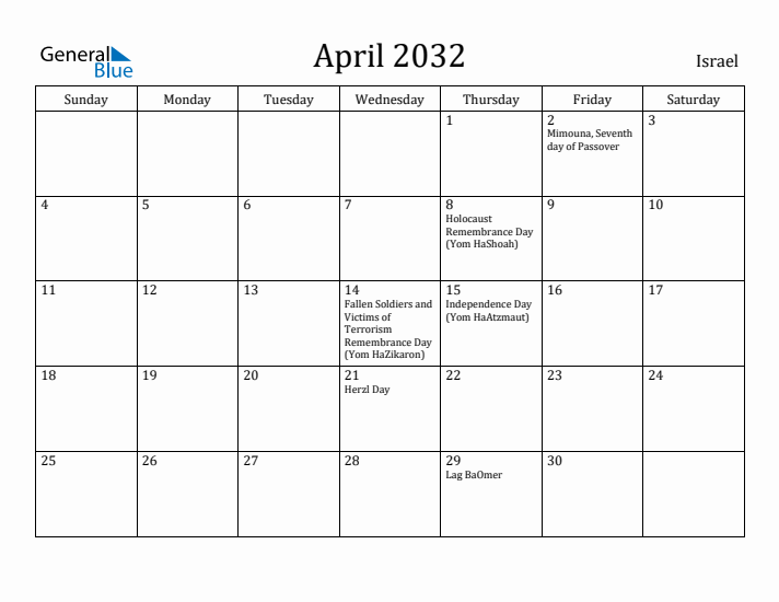 April 2032 Calendar Israel