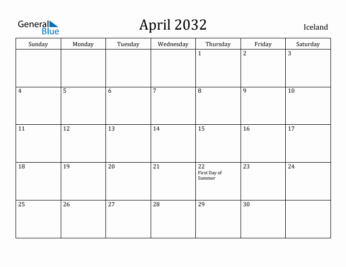 April 2032 Calendar Iceland