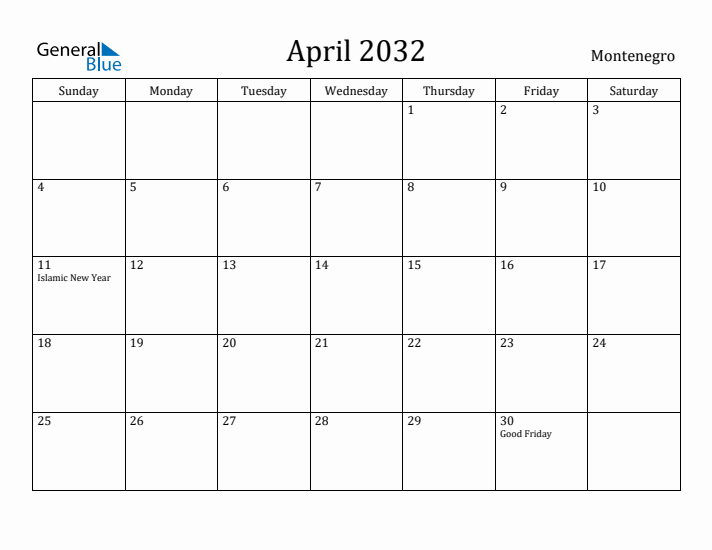 April 2032 Calendar Montenegro