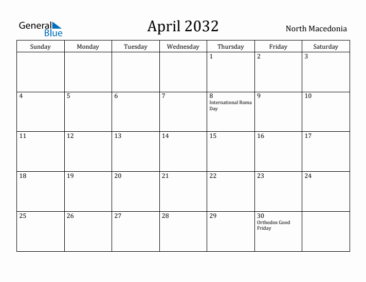 April 2032 Calendar North Macedonia