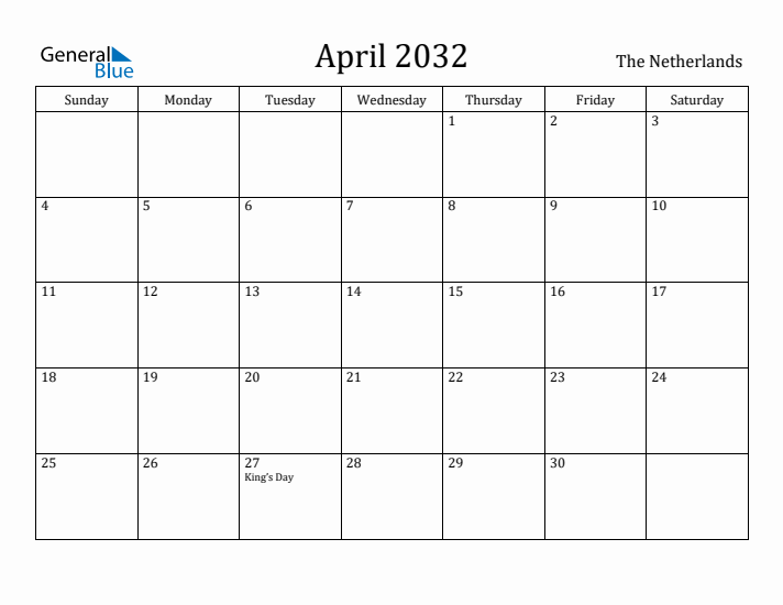 April 2032 Calendar The Netherlands