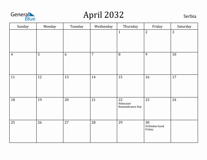 April 2032 Calendar Serbia
