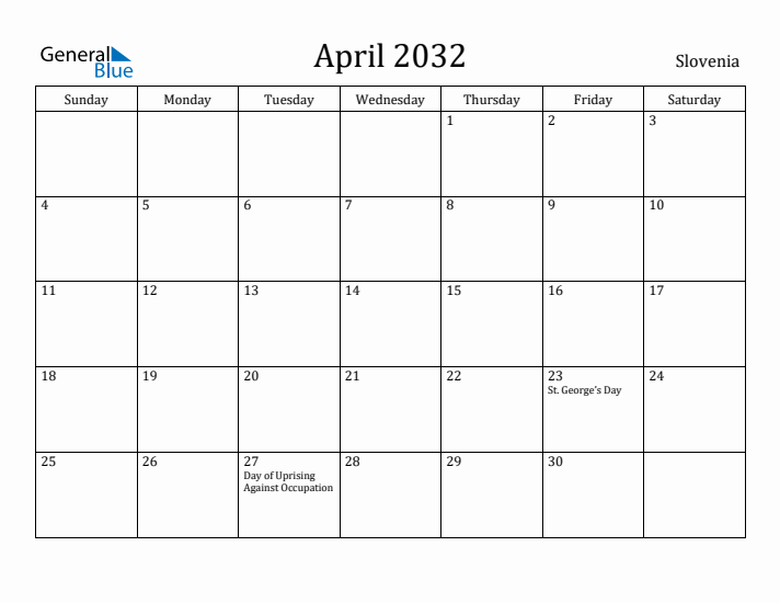 April 2032 Calendar Slovenia