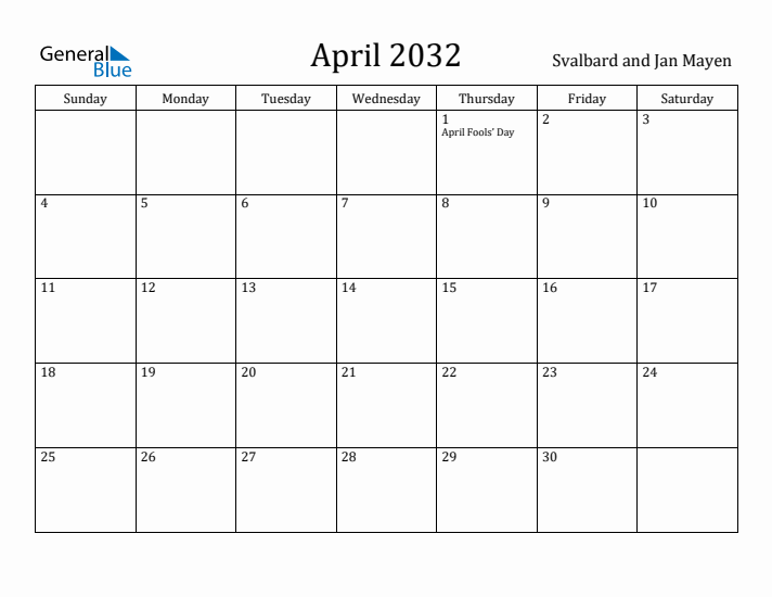 April 2032 Calendar Svalbard and Jan Mayen