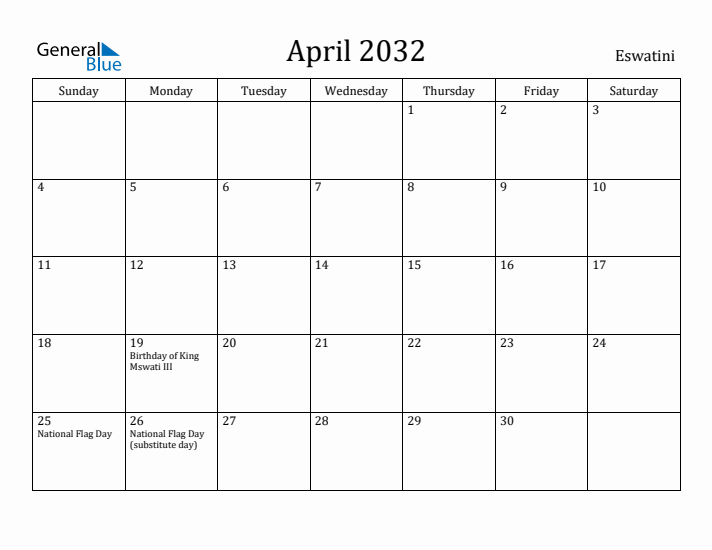 April 2032 Calendar Eswatini