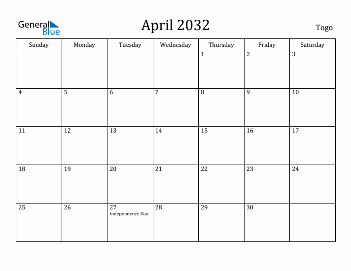 April 2032 Calendar Togo