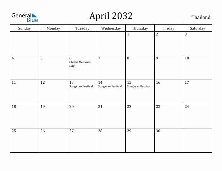 April 2032 Calendar Thailand