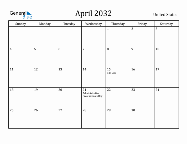 April 2032 Calendar United States