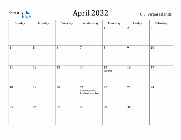 April 2032 Calendar U.S. Virgin Islands