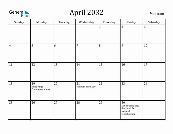 April 2032 Calendar Vietnam