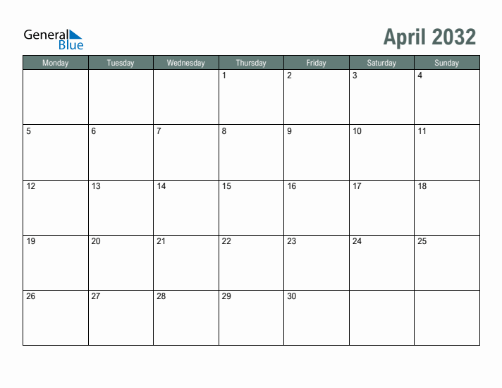 Free Printable April 2032 Calendar