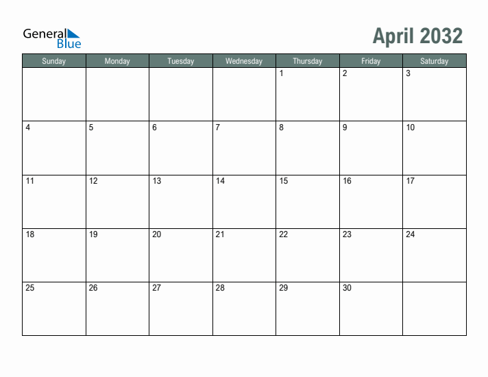 Free Printable April 2032 Calendar