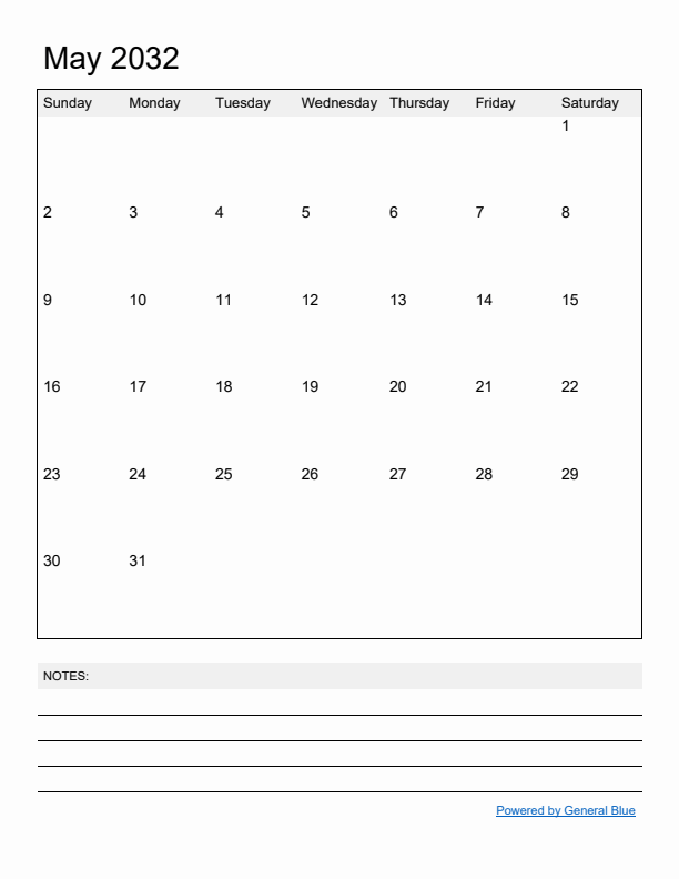 Basic Monthly Calendar Template for May 2032