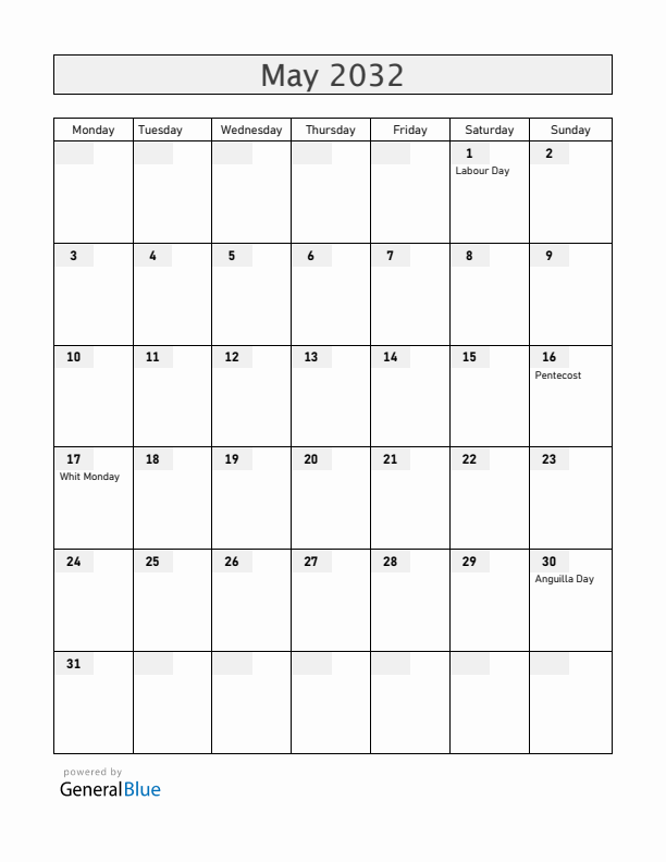Anguilla May 2032 Calendar with Holidays