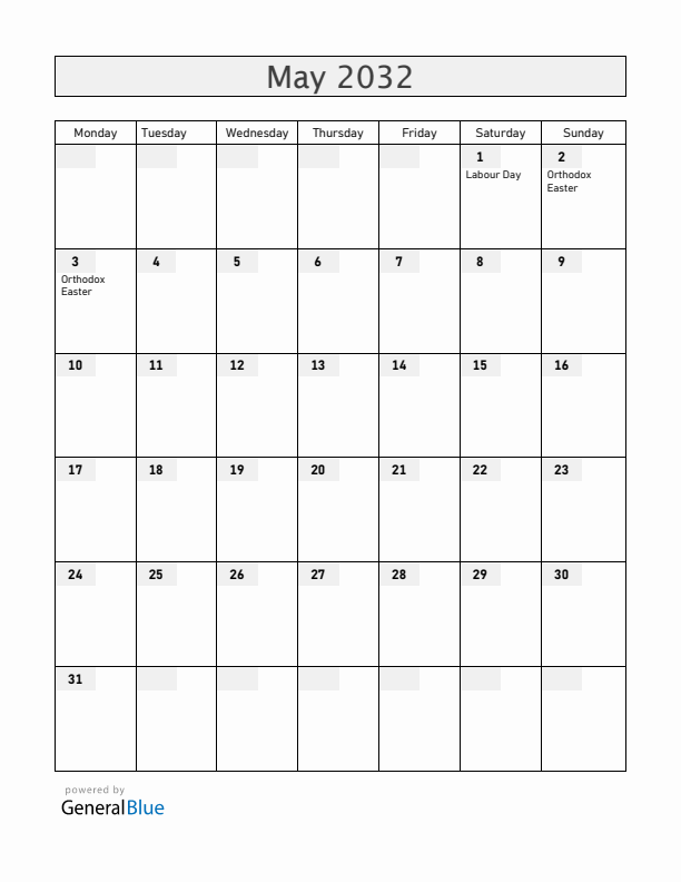 Albania May 2032 Calendar with Holidays