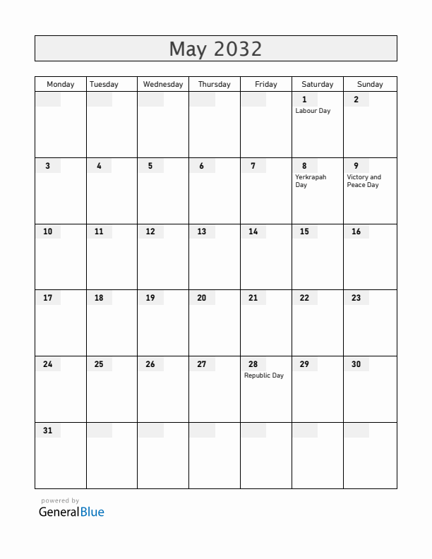 Armenia May 2032 Calendar with Holidays