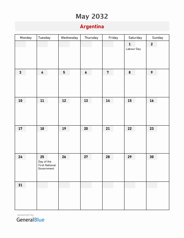 Argentina May 2032 Calendar with Holidays