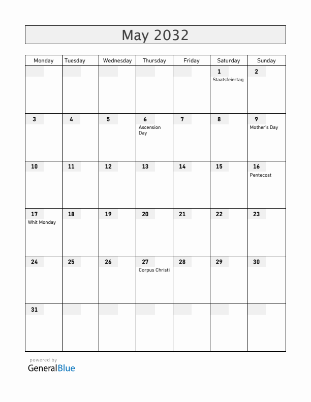 Austria May 2032 Calendar with Holidays