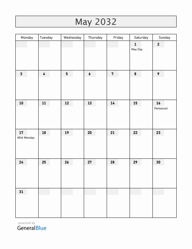 Barbados May 2032 Calendar with Holidays