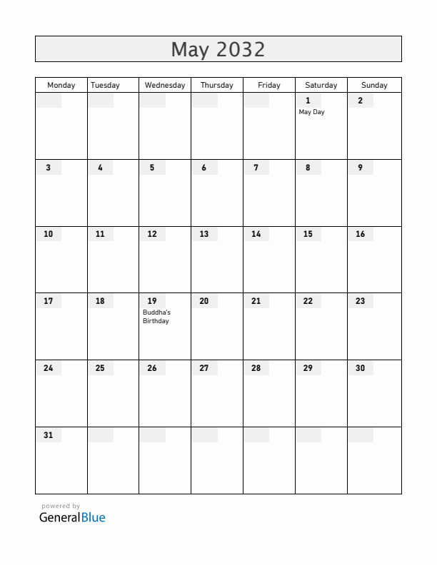 Bangladesh May 2032 Calendar with Holidays